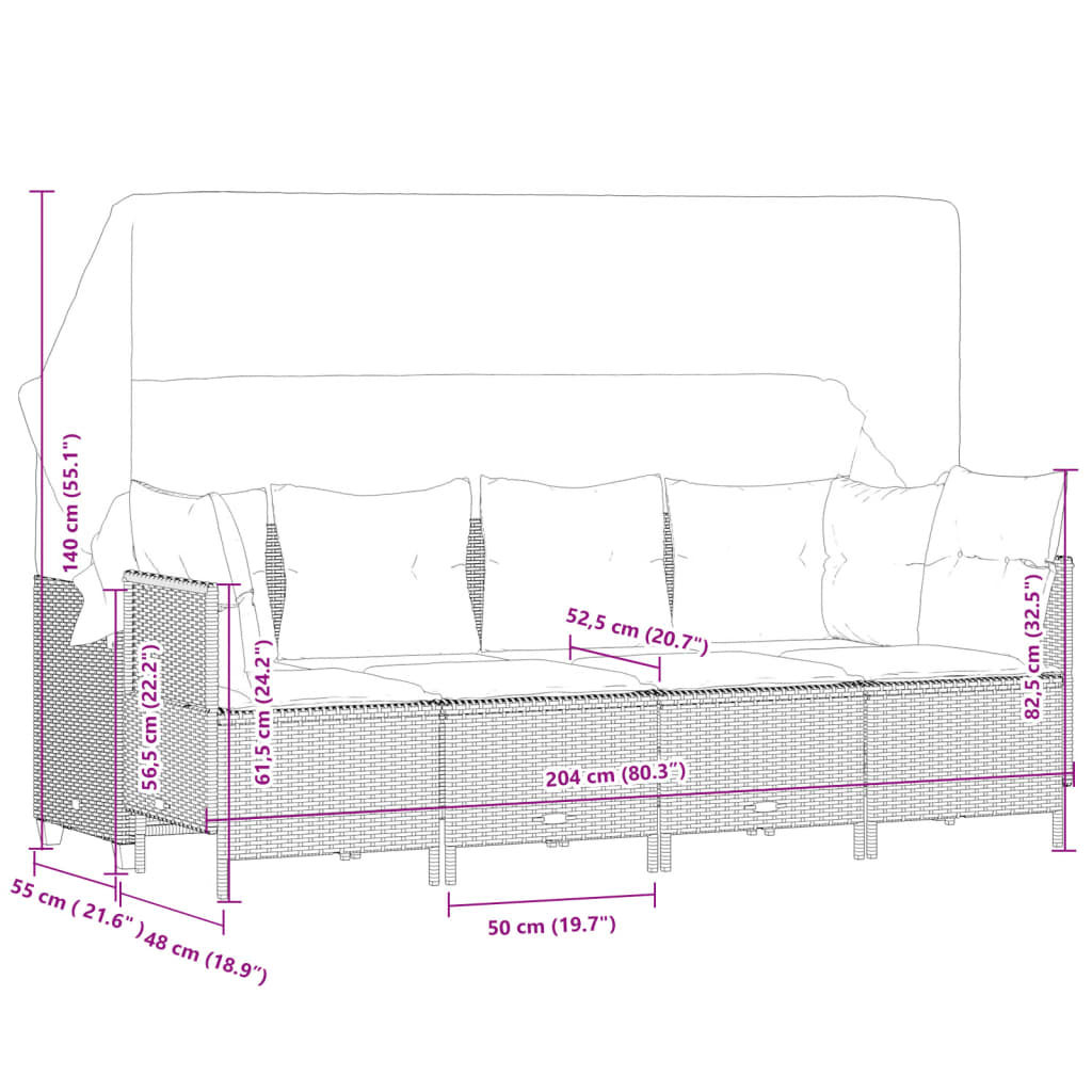 5-delige Loungeset met kussens poly rattan zwart