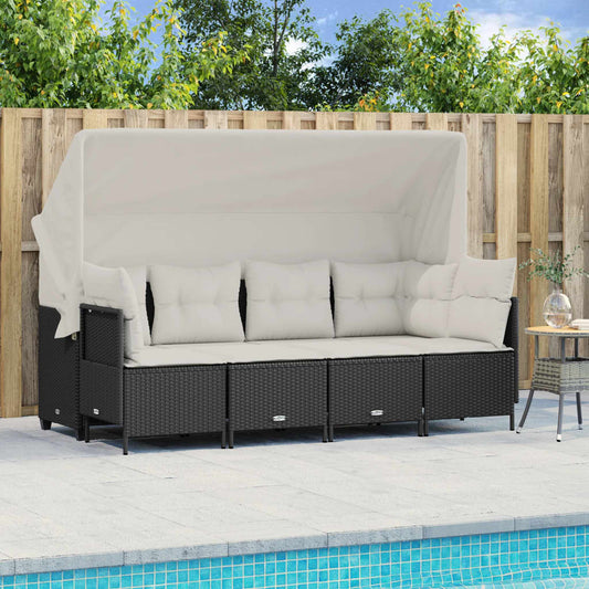 5-delige Loungeset met kussens poly rattan zwart