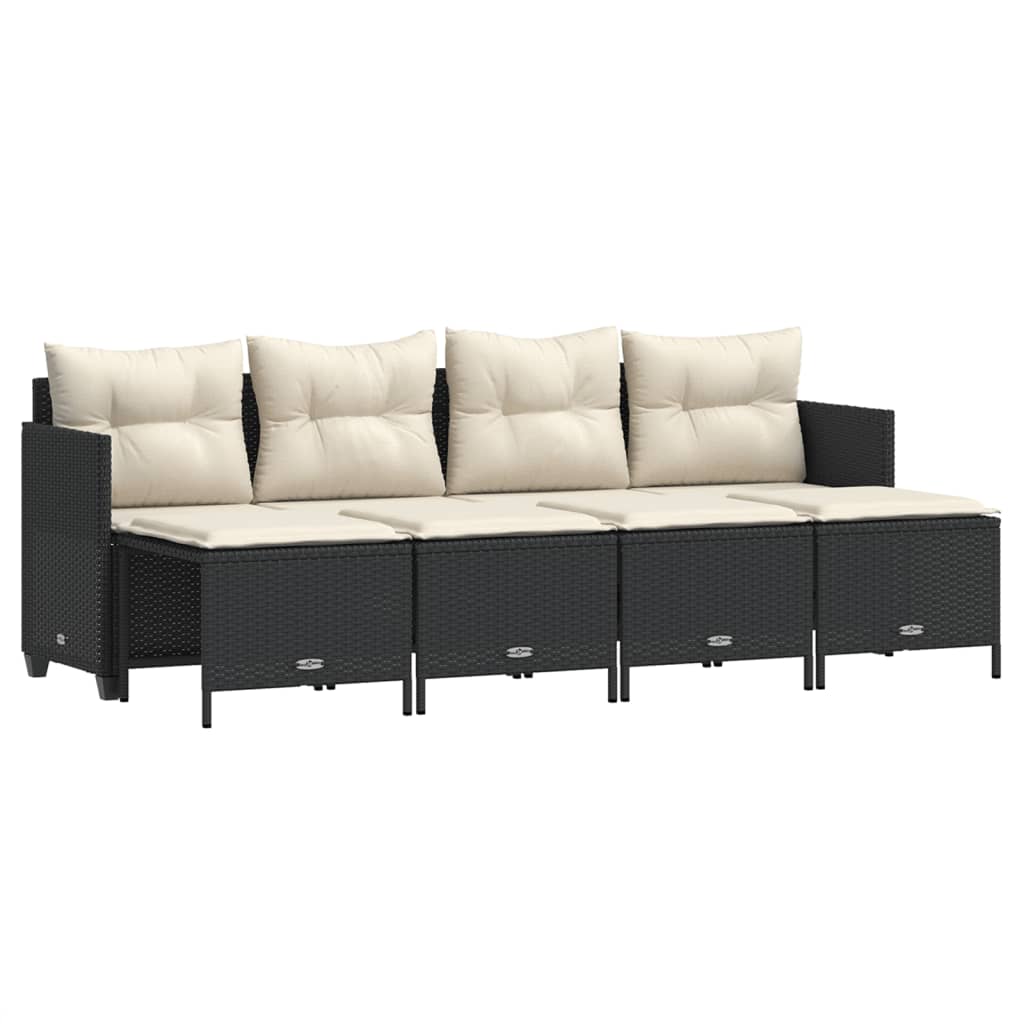 5-delige Loungeset met kussens poly rattan zwart