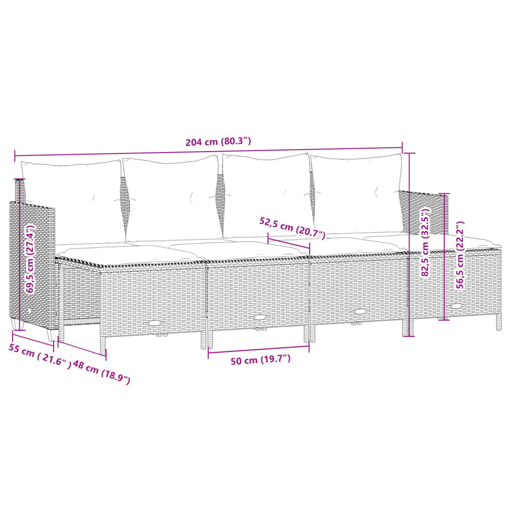 5-delige Loungeset met kussens poly rattan zwart