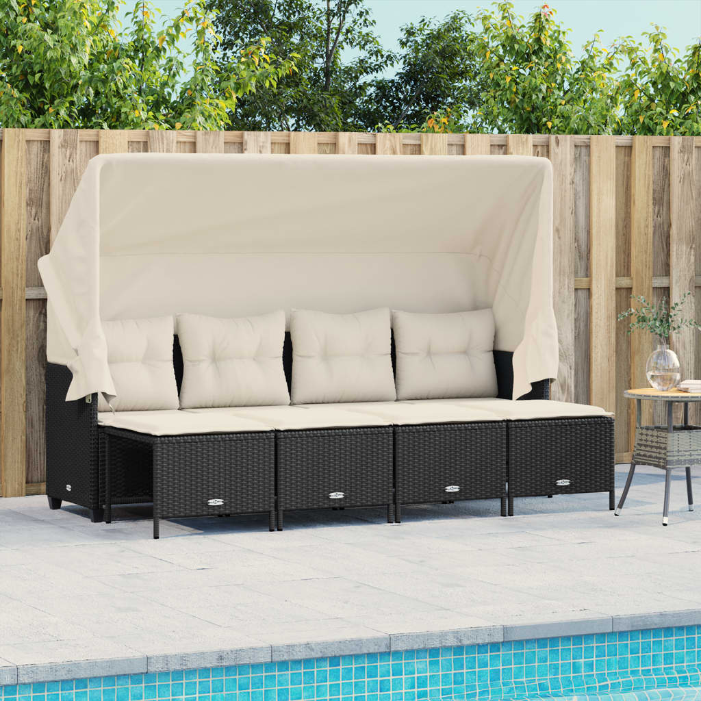 5-delige Loungeset met kussens poly rattan zwart