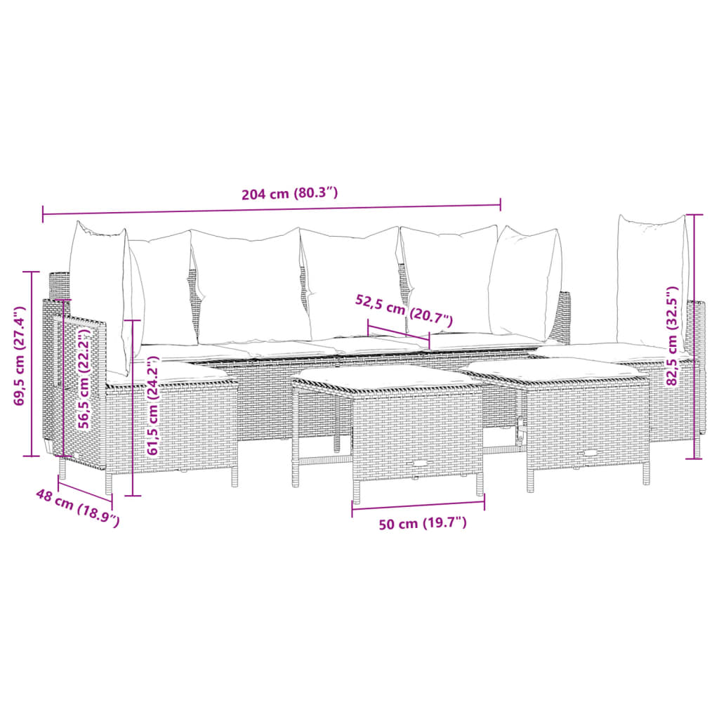 5-delige Loungeset met kussens poly rattan zwart