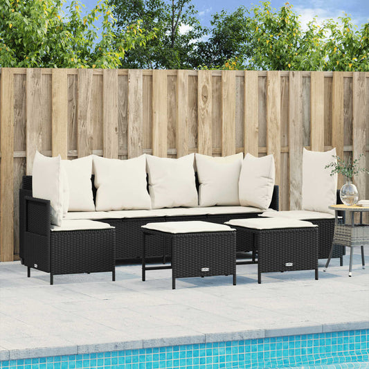 5-delige Loungeset met kussens poly rattan zwart