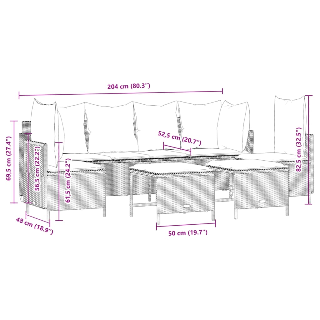 5-delige Loungeset met kussens poly rattan bruin