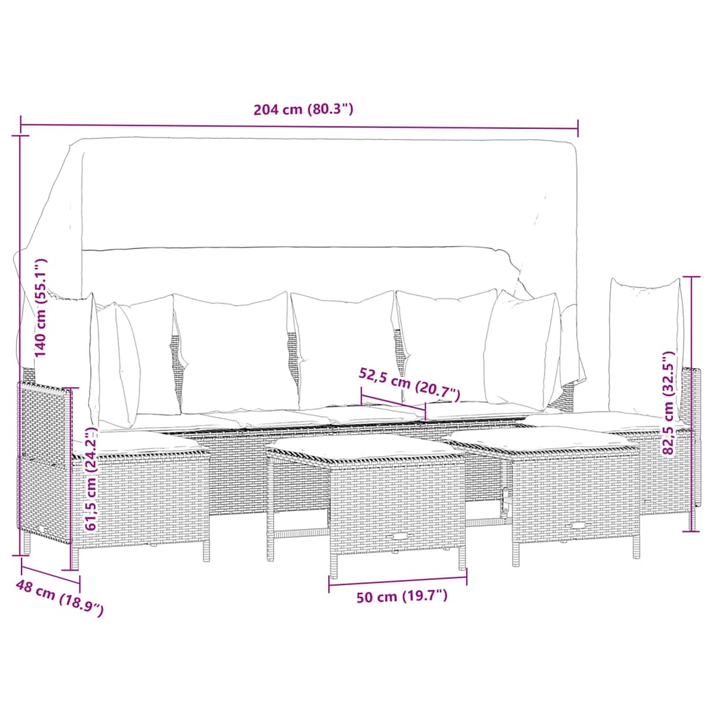 5-delige Loungeset met kussens poly rattan zwart