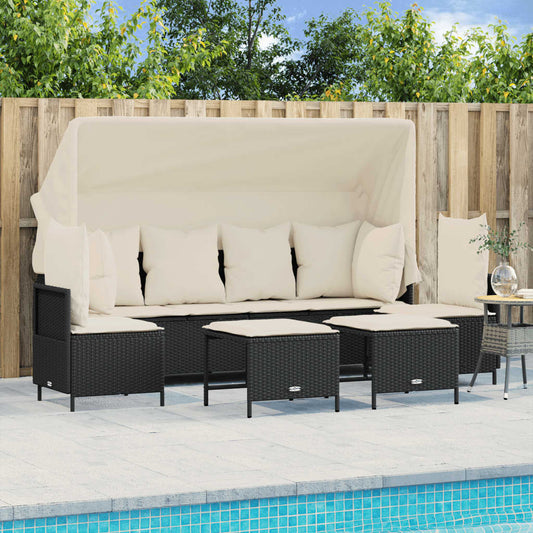 5-delige Loungeset met kussens poly rattan zwart