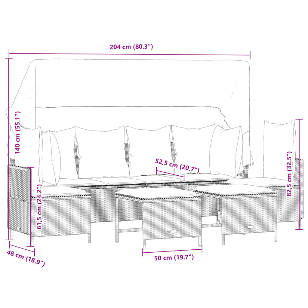 5-delige Loungeset met kussens poly rattan grijs