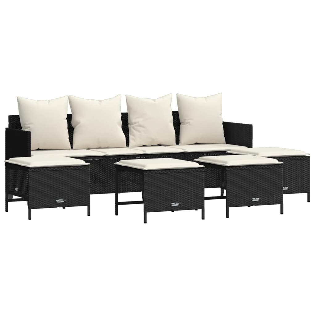 5-delige Loungeset met kussens poly rattan zwart