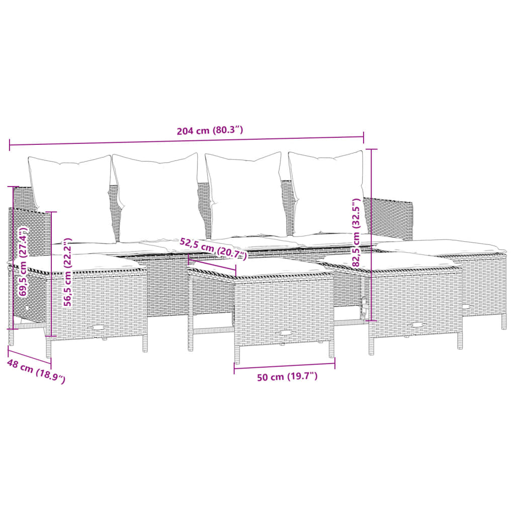 5-delige Loungeset met kussens poly rattan zwart