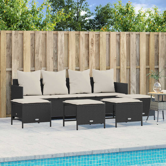 5-delige Loungeset met kussens poly rattan zwart