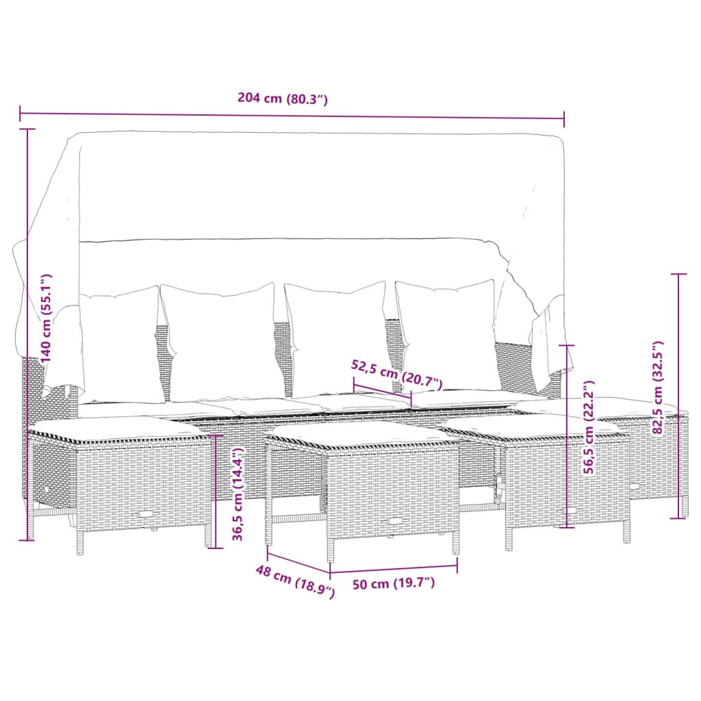 5-delige Loungeset met kussens poly rattan zwart