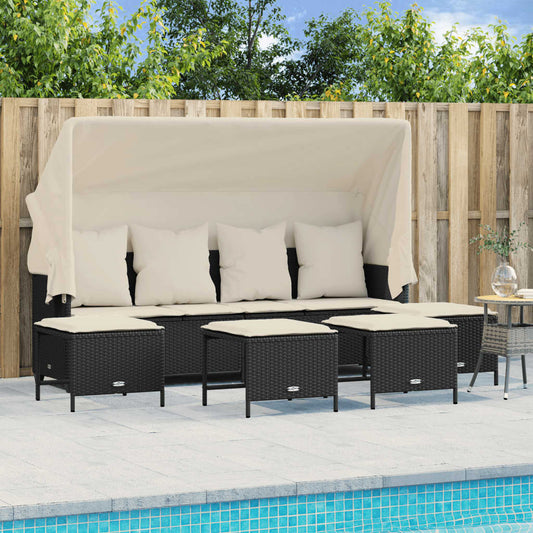 5-delige Loungeset met kussens poly rattan zwart