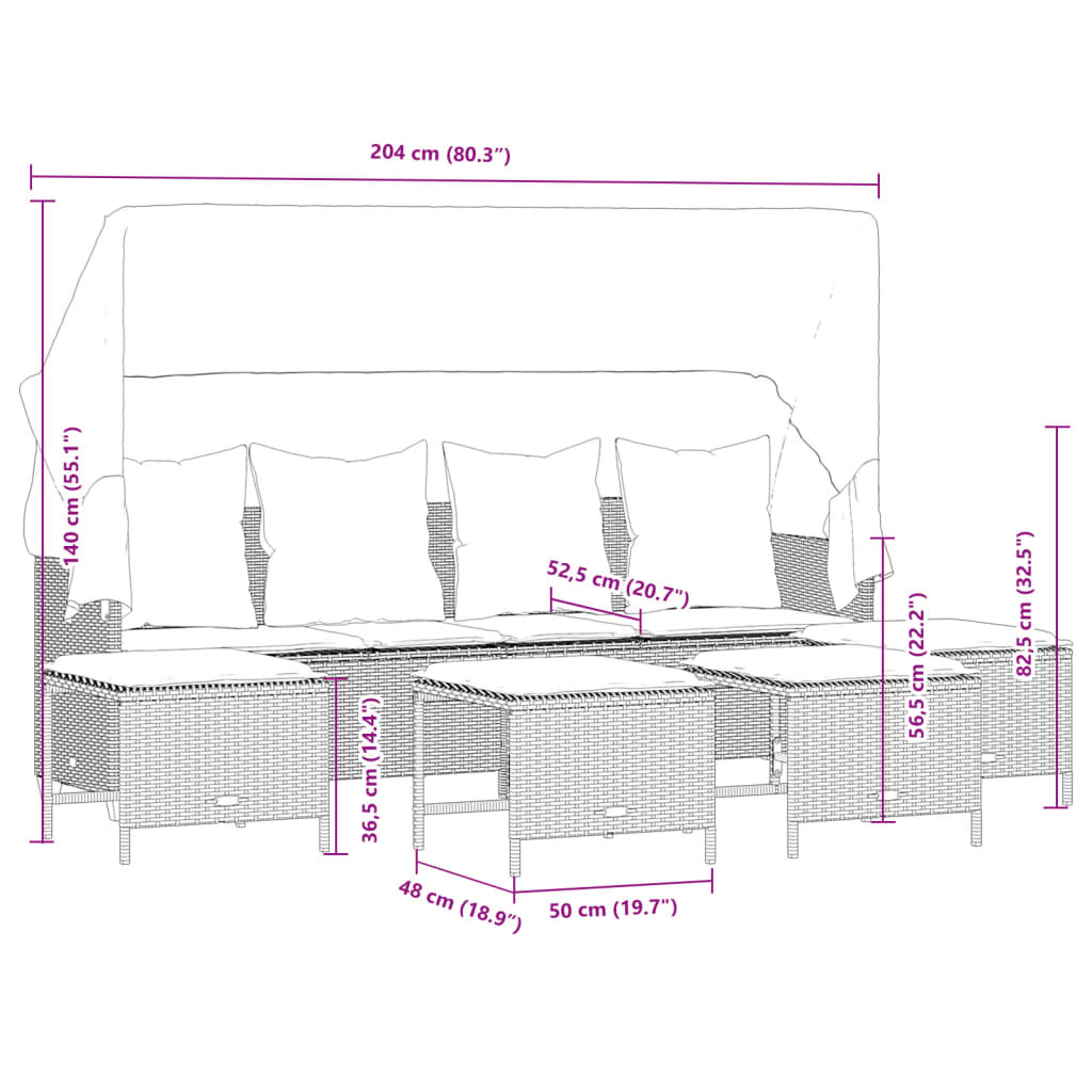 5-delige Loungeset met kussens poly rattan bruin