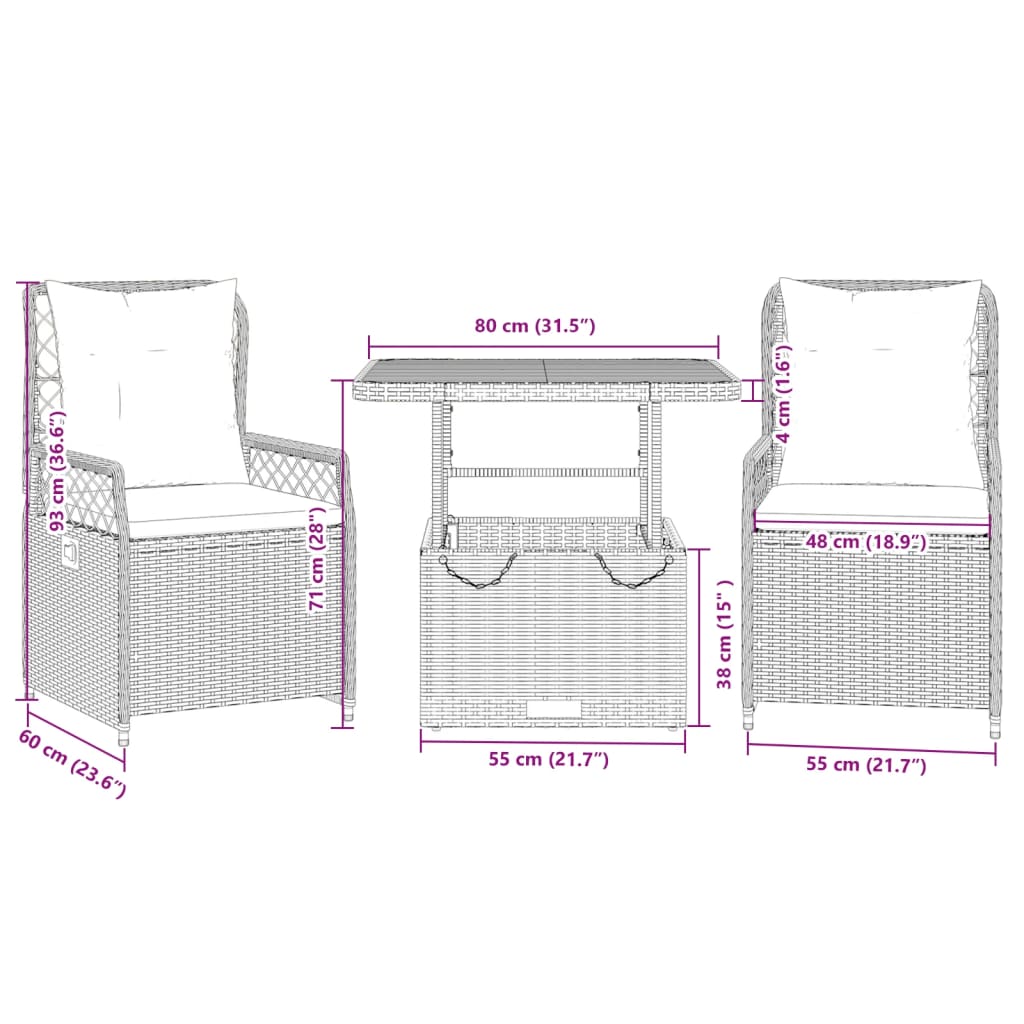 3-delige Tuinset met kussens poly rattan zwart