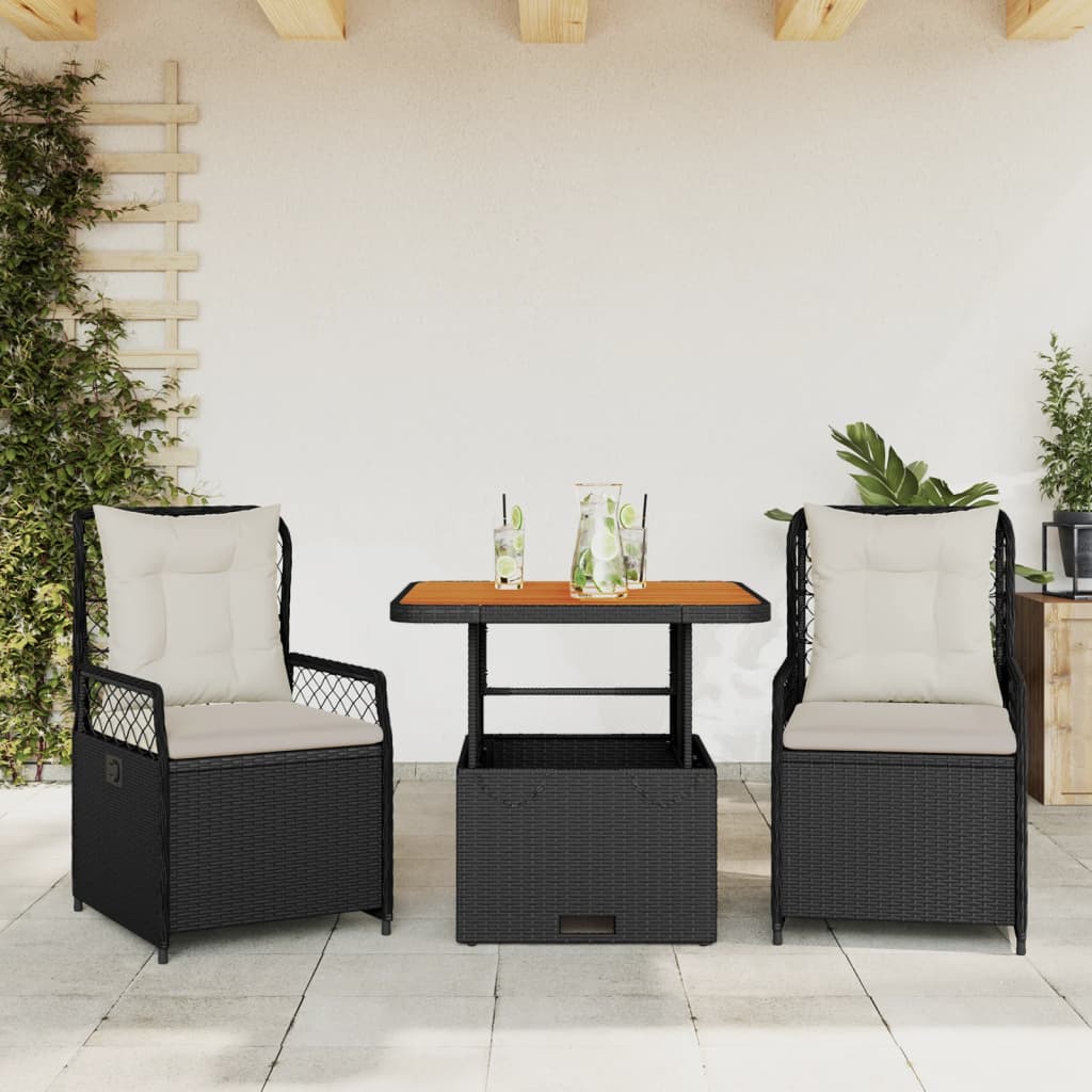 3-delige Tuinset met kussens poly rattan zwart