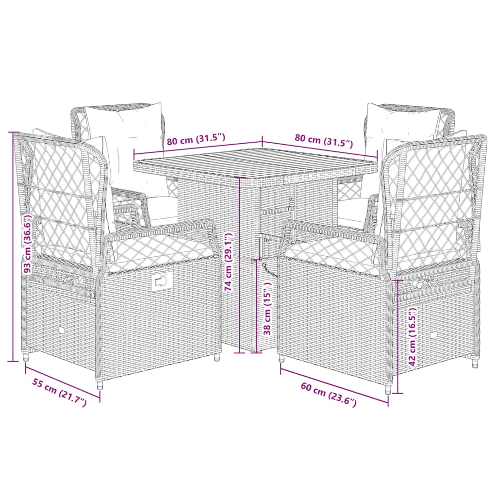 5-delige Tuinset met kussens poly rattan zwart