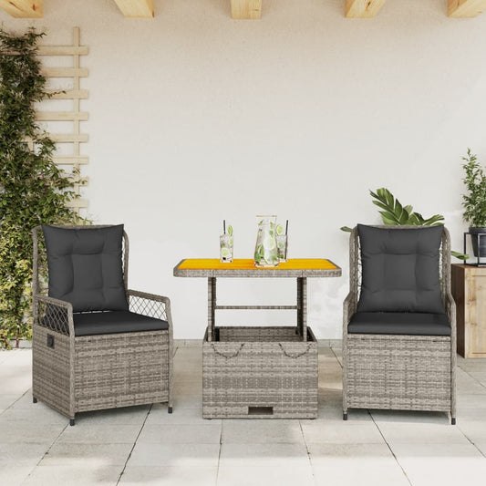 3-delige Tuinset met kussens poly rattan grijs