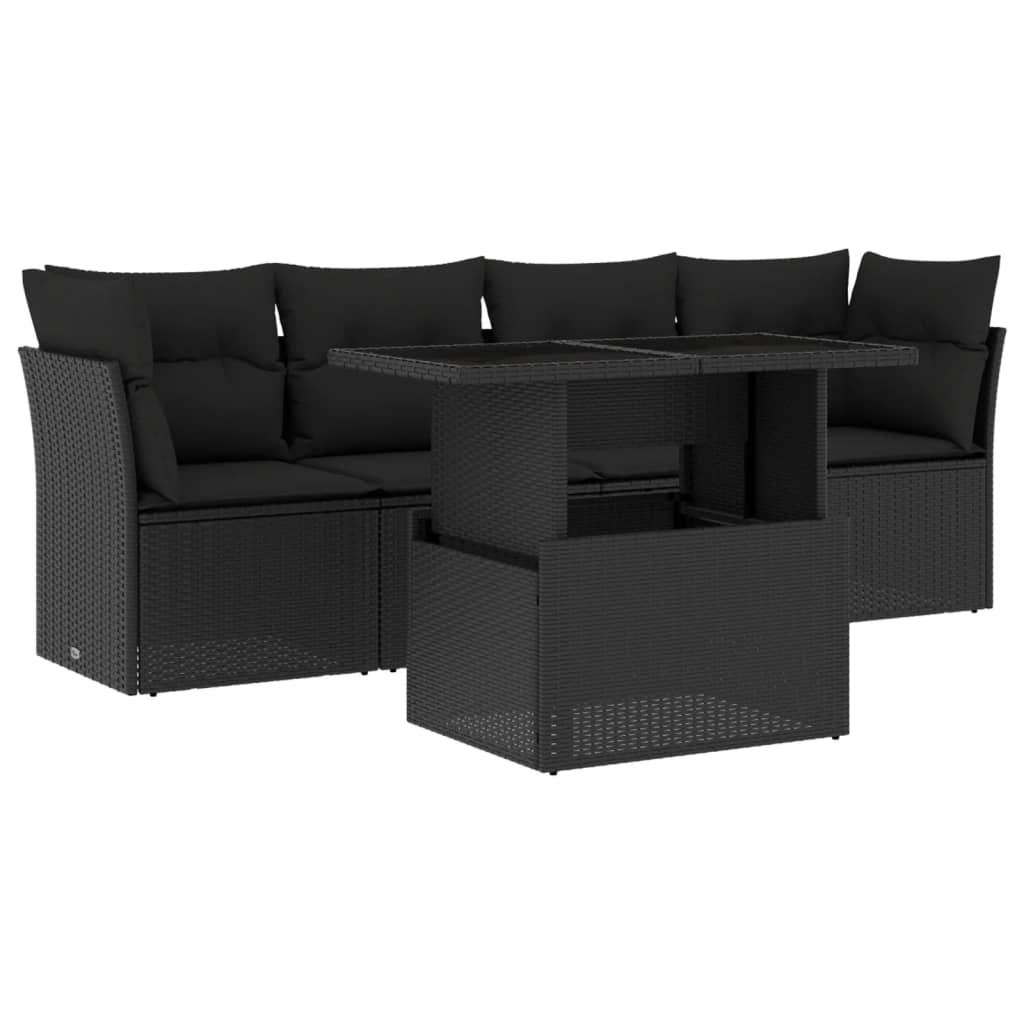 5-delige Loungeset met kussens poly rattan zwart