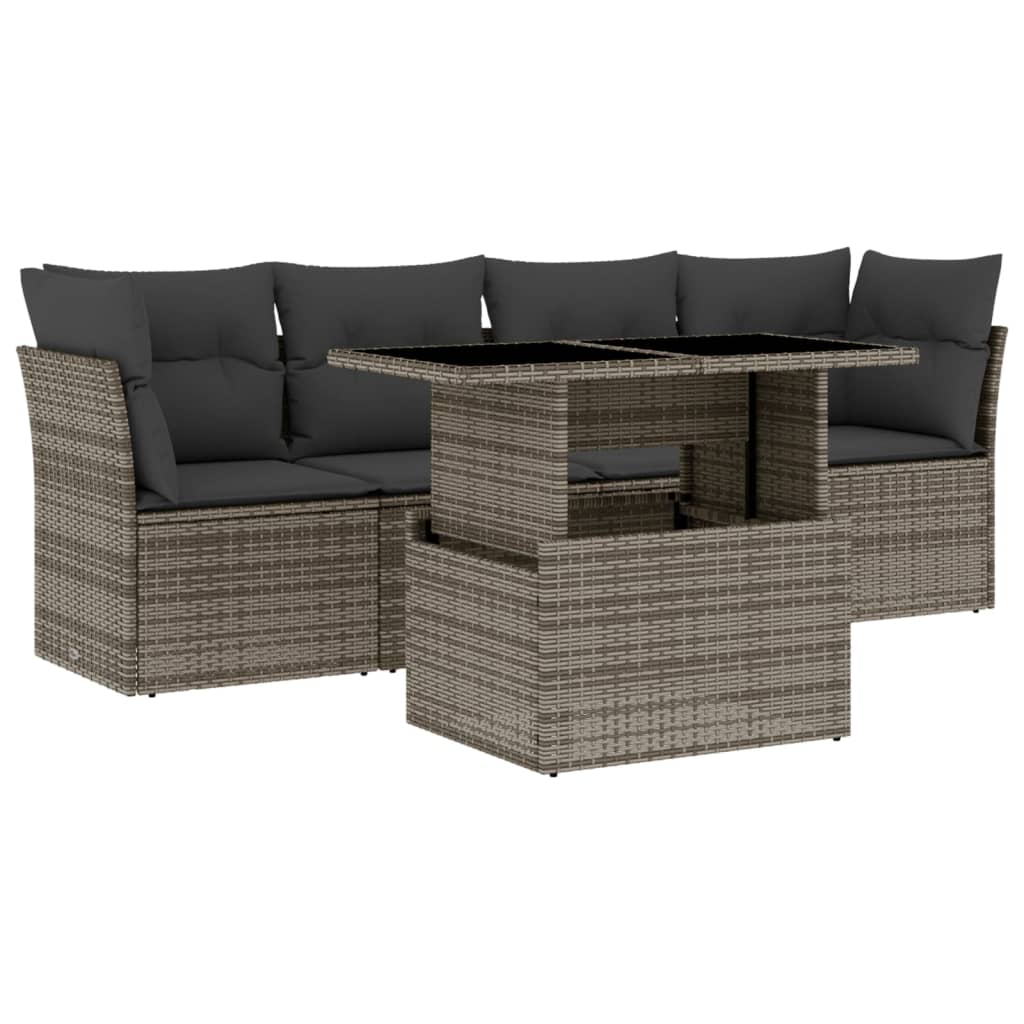 5-delige Loungeset met kussens poly rattan grijs