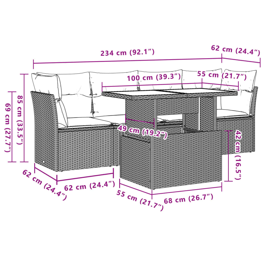 5-delige Loungeset met kussens poly rattan grijs