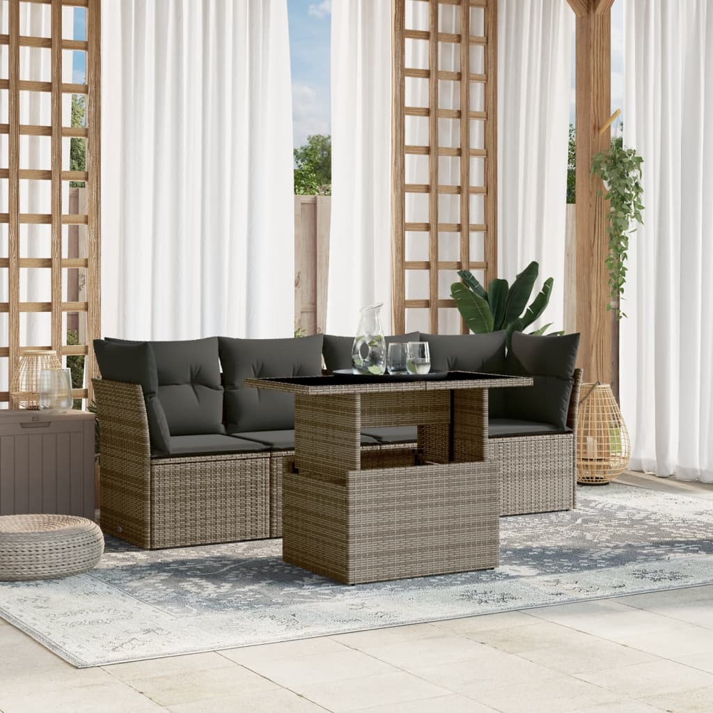 5-delige Loungeset met kussens poly rattan grijs