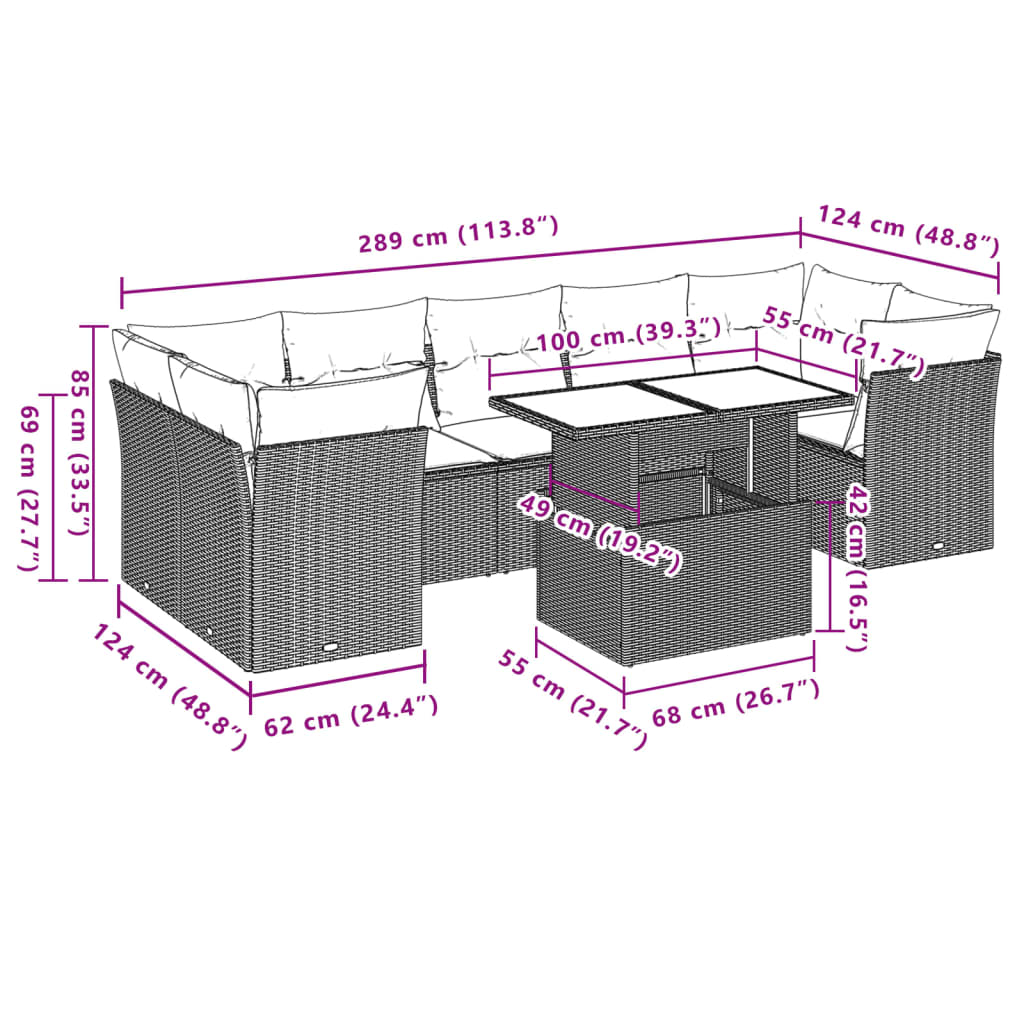 8-delige Loungeset met kussens poly rattan zwart