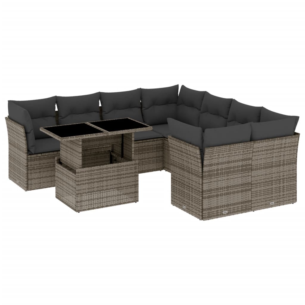 9-delige Loungeset met kussens poly rattan grijs