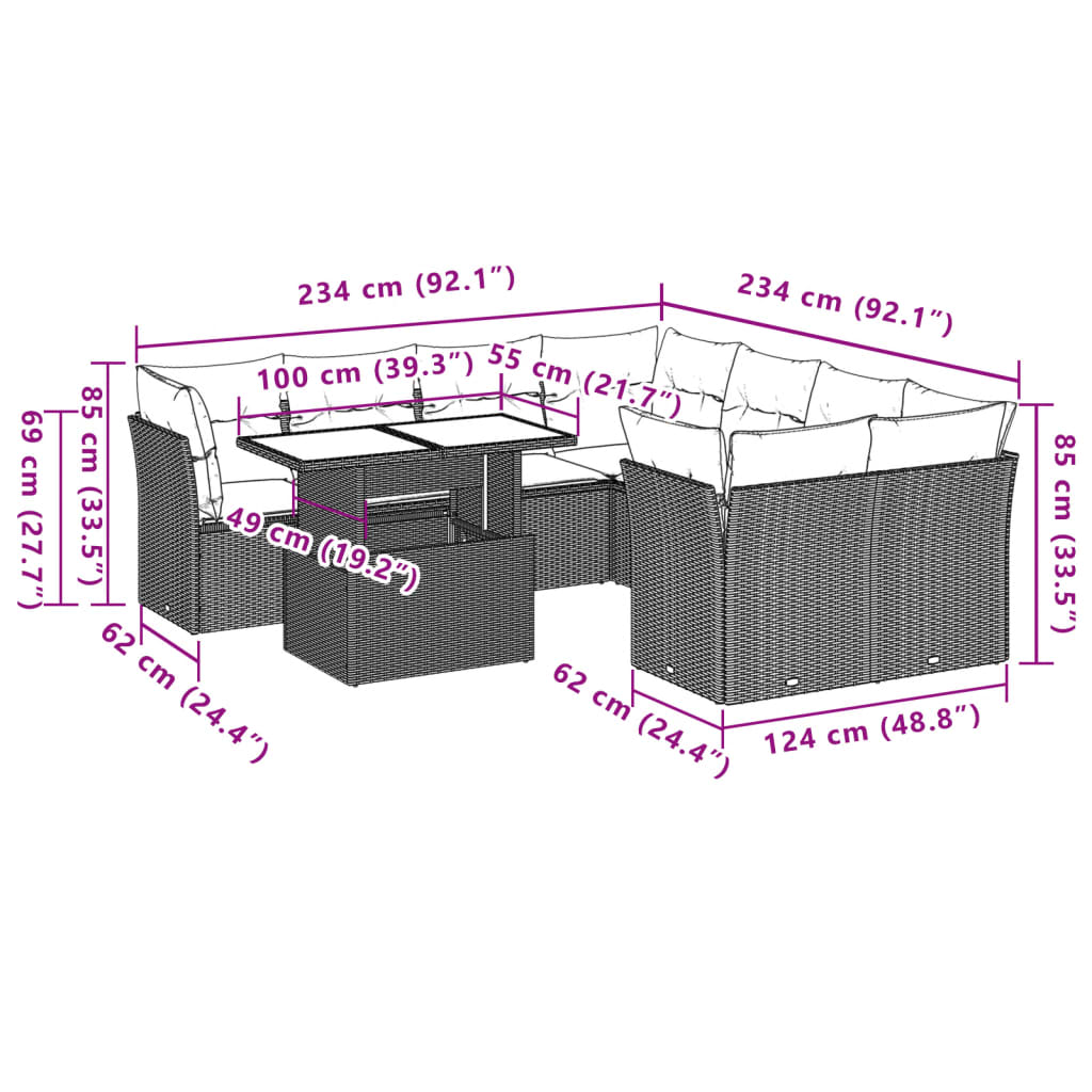 9-delige Loungeset met kussens poly rattan grijs