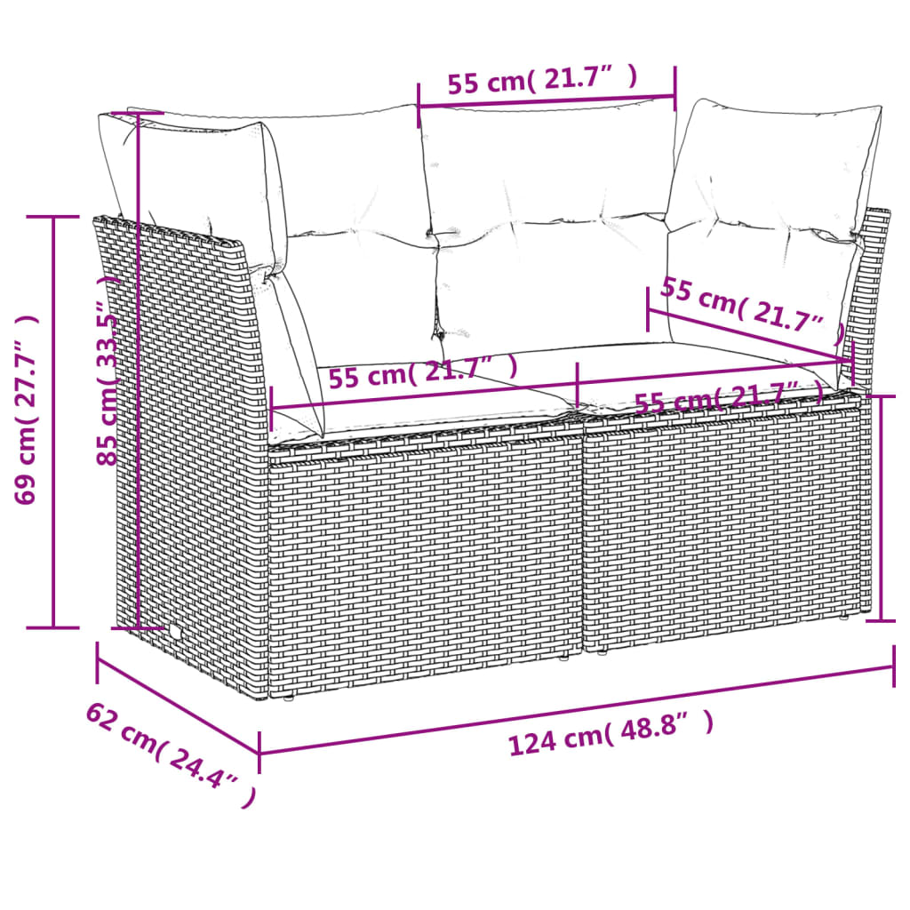 9-delige Loungeset met kussens poly rattan grijs