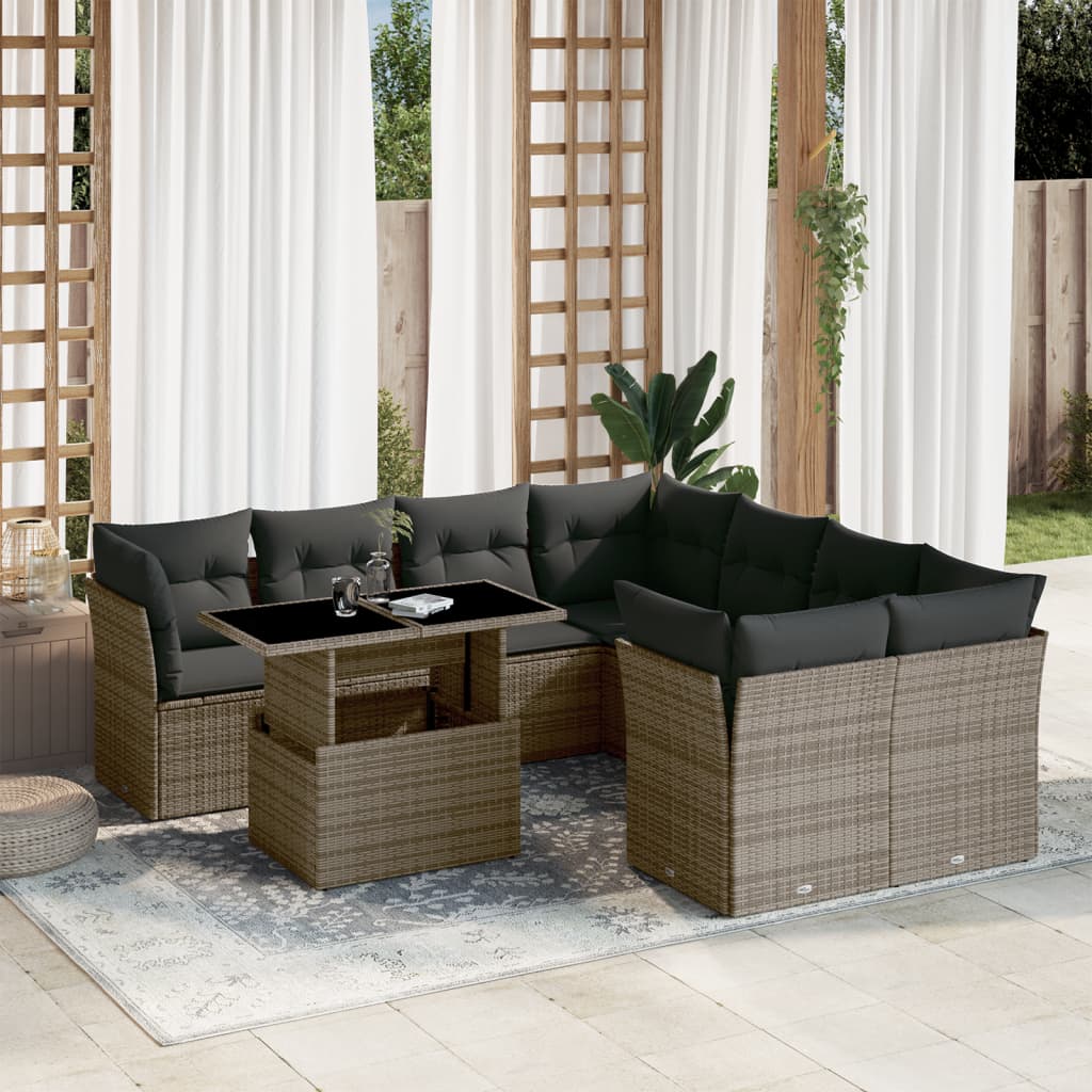 9-delige Loungeset met kussens poly rattan grijs