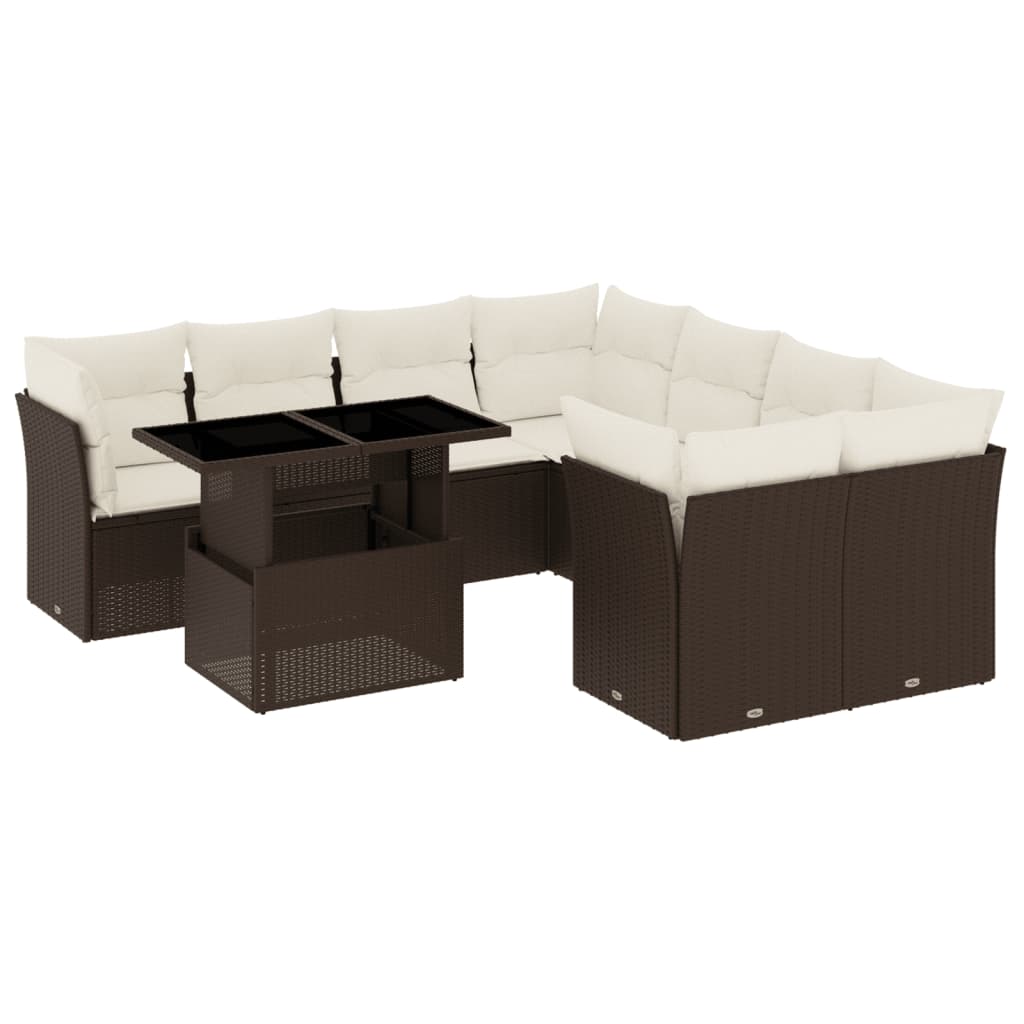 9-delige Loungeset met kussens poly rattan bruin