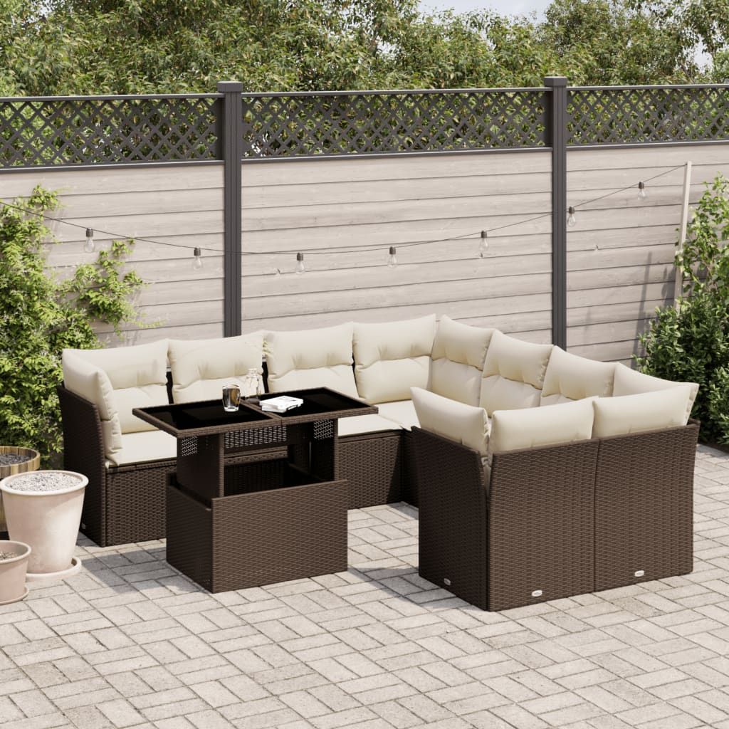 9-delige Loungeset met kussens poly rattan bruin