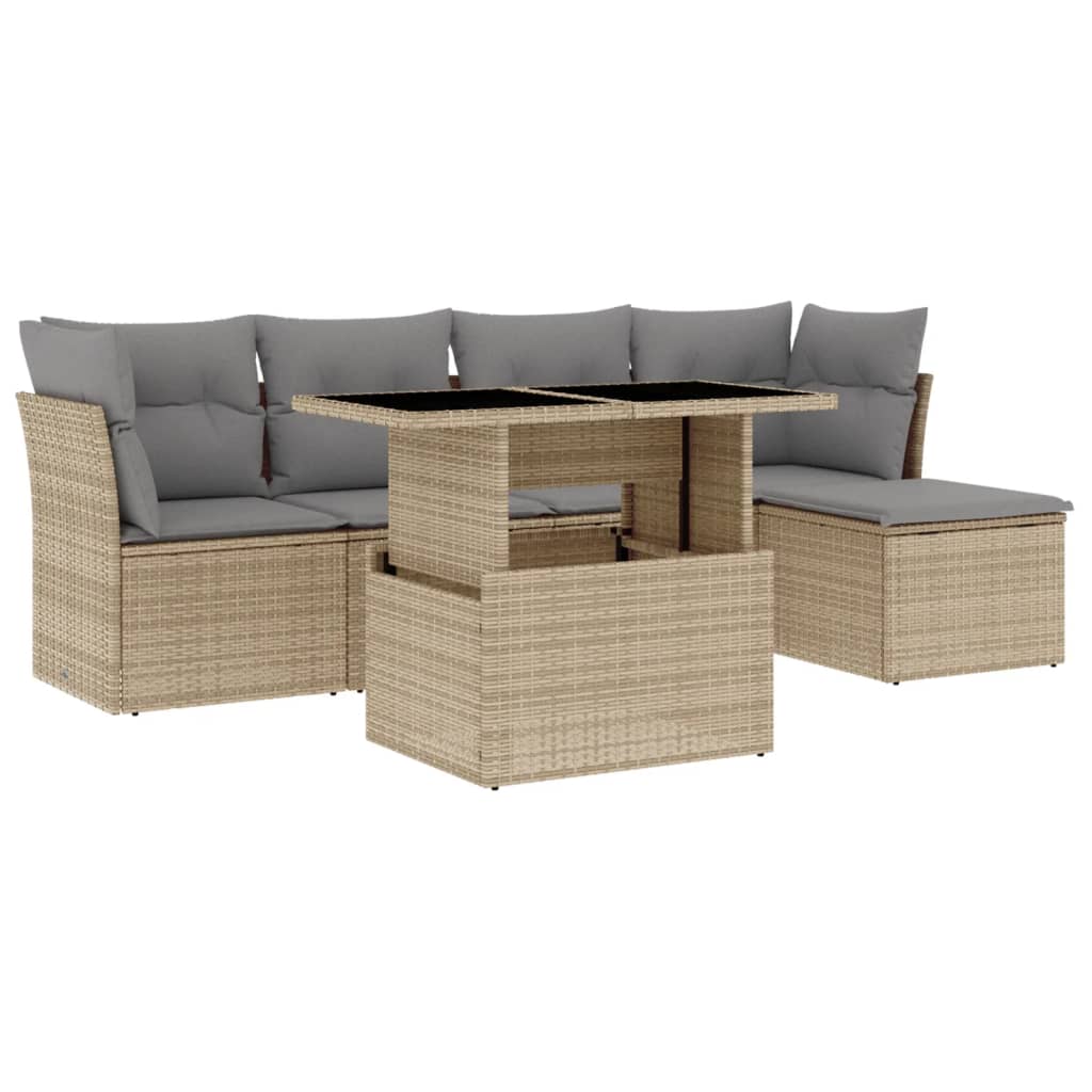 6-delige Loungeset met kussens poly rattan beige