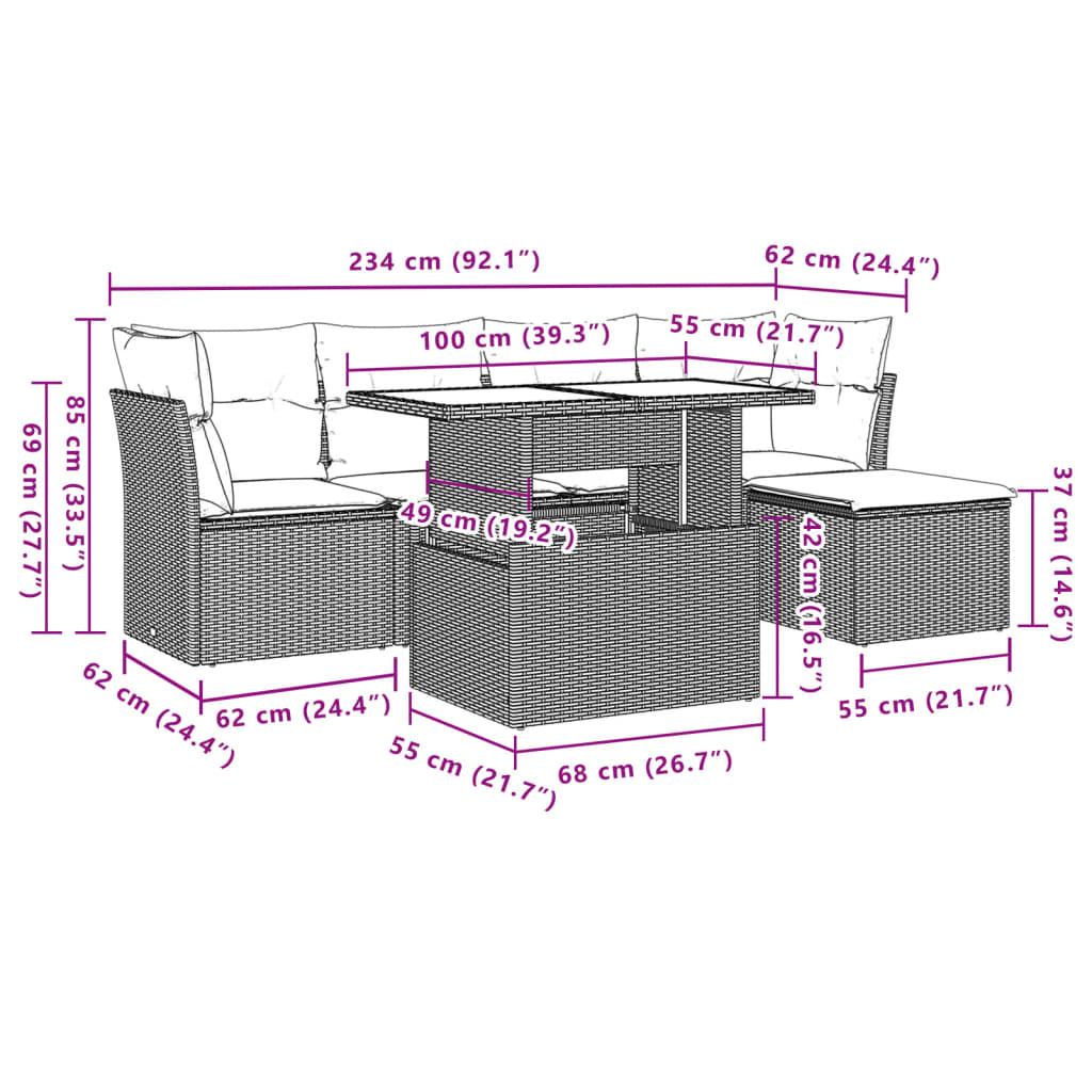 6-delige Loungeset met kussens poly rattan beige