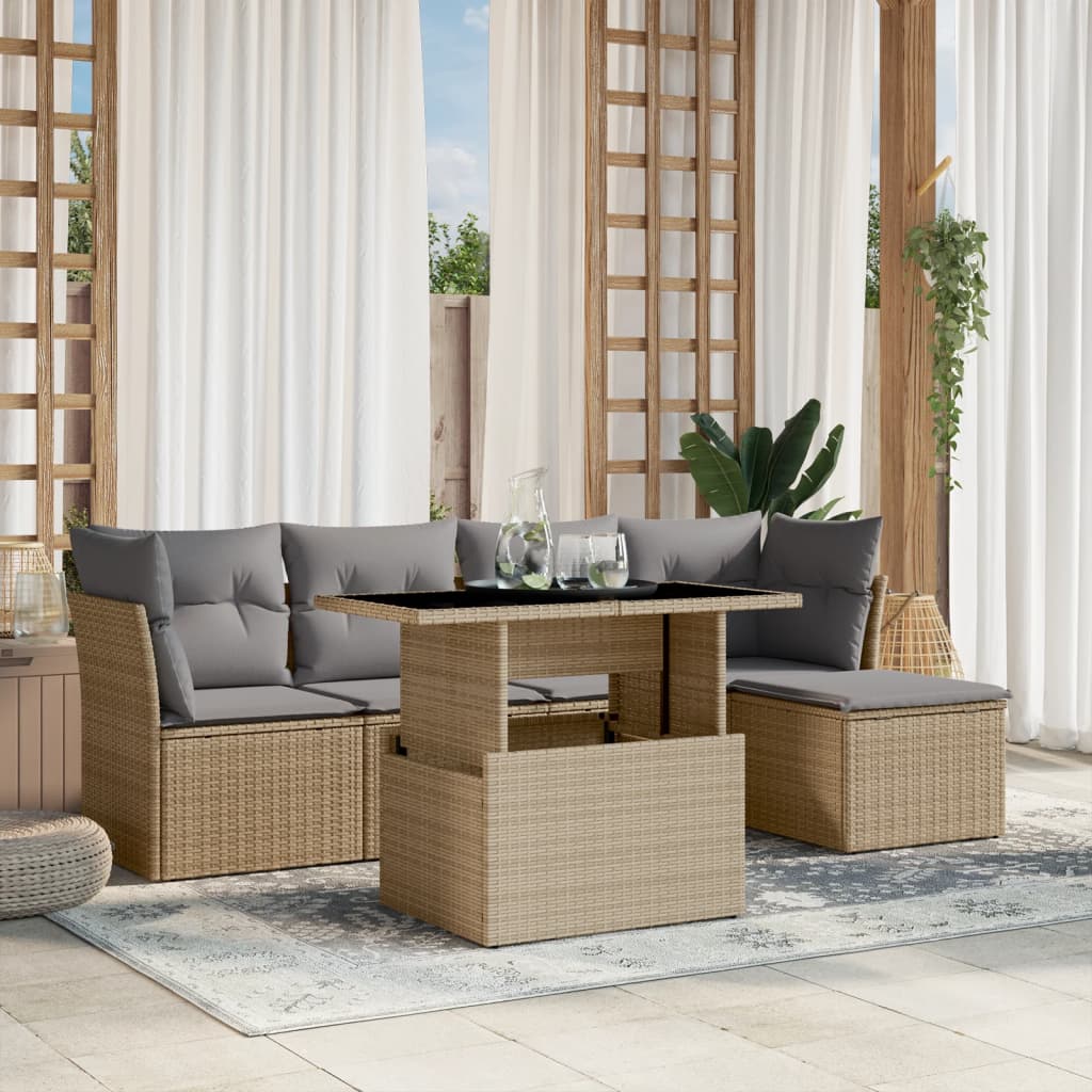 6-delige Loungeset met kussens poly rattan beige