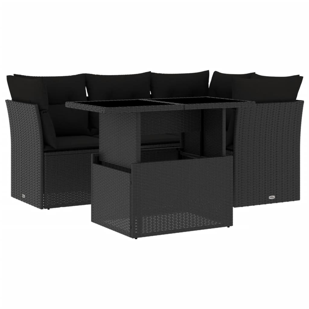 5-delige Loungeset met kussens poly rattan zwart