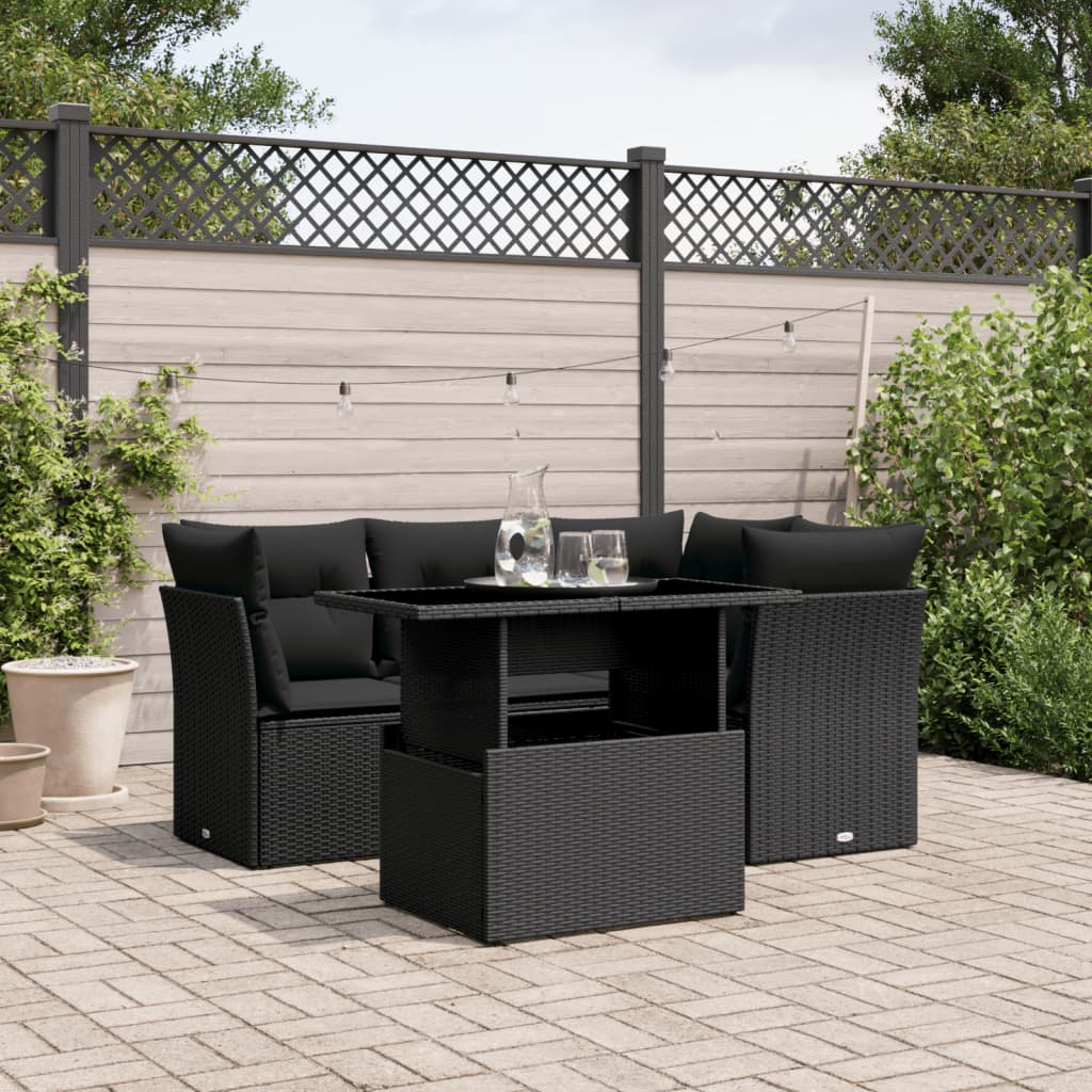 5-delige Loungeset met kussens poly rattan zwart