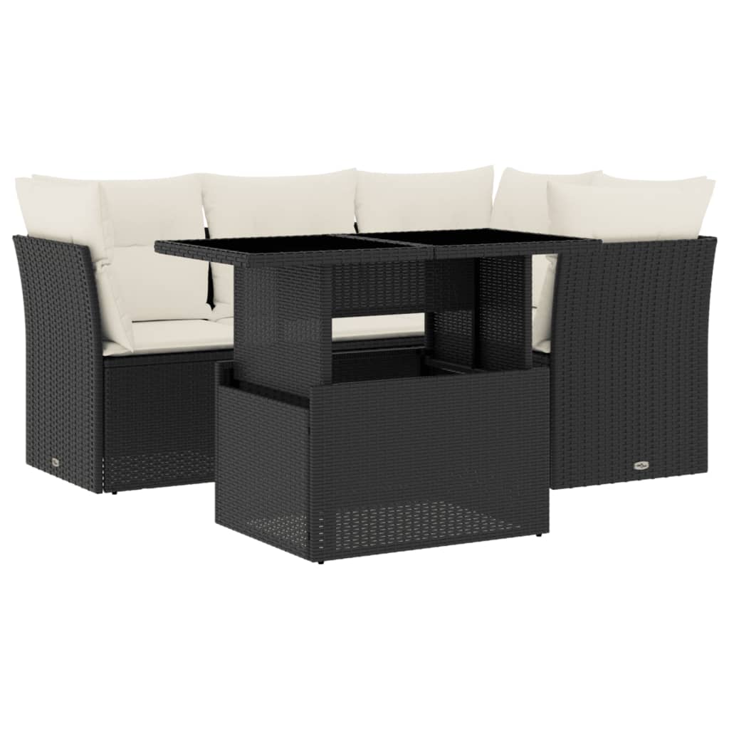 5-delige Loungeset met kussens poly rattan zwart