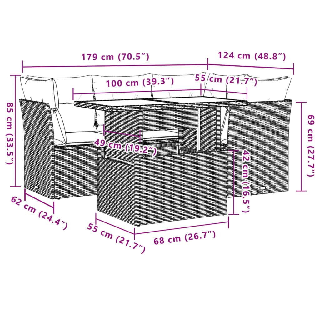 5-delige Loungeset met kussens poly rattan zwart