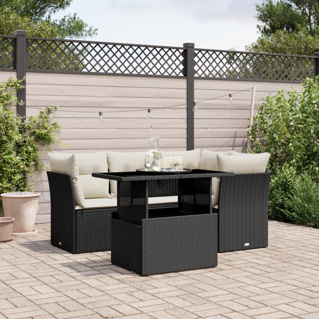 5-delige Loungeset met kussens poly rattan zwart