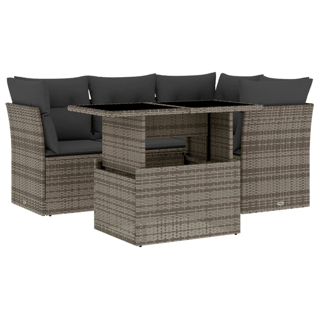 5-delige Loungeset met kussens poly rattan grijs