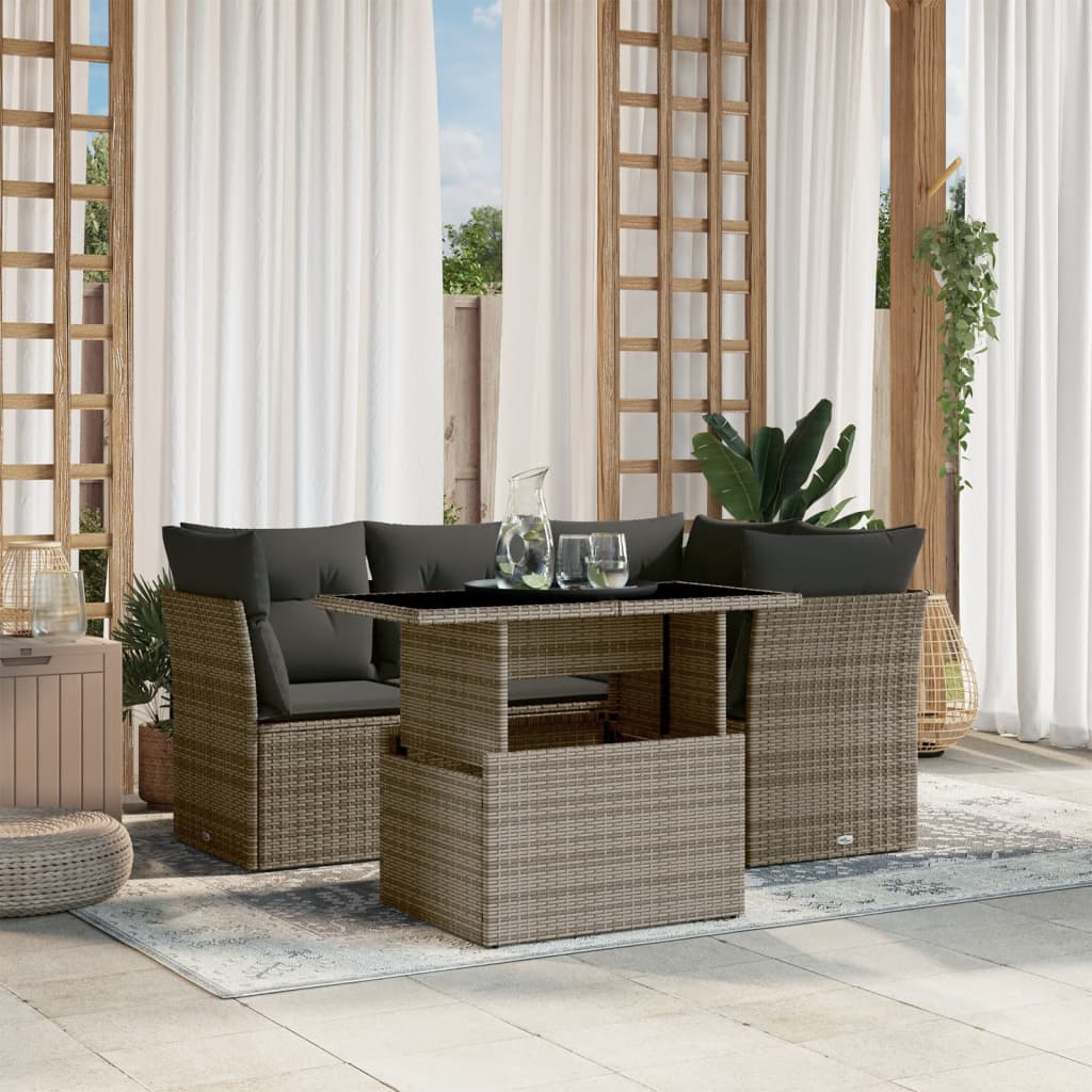 5-delige Loungeset met kussens poly rattan grijs