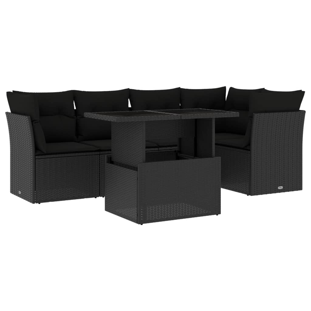 6-delige Loungeset met kussens poly rattan zwart