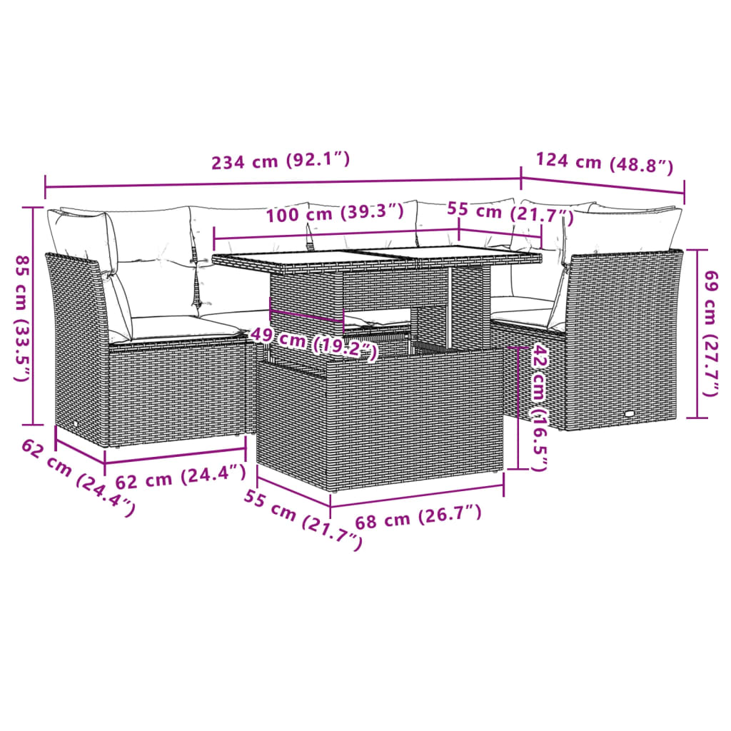 6-delige Loungeset met kussens poly rattan zwart