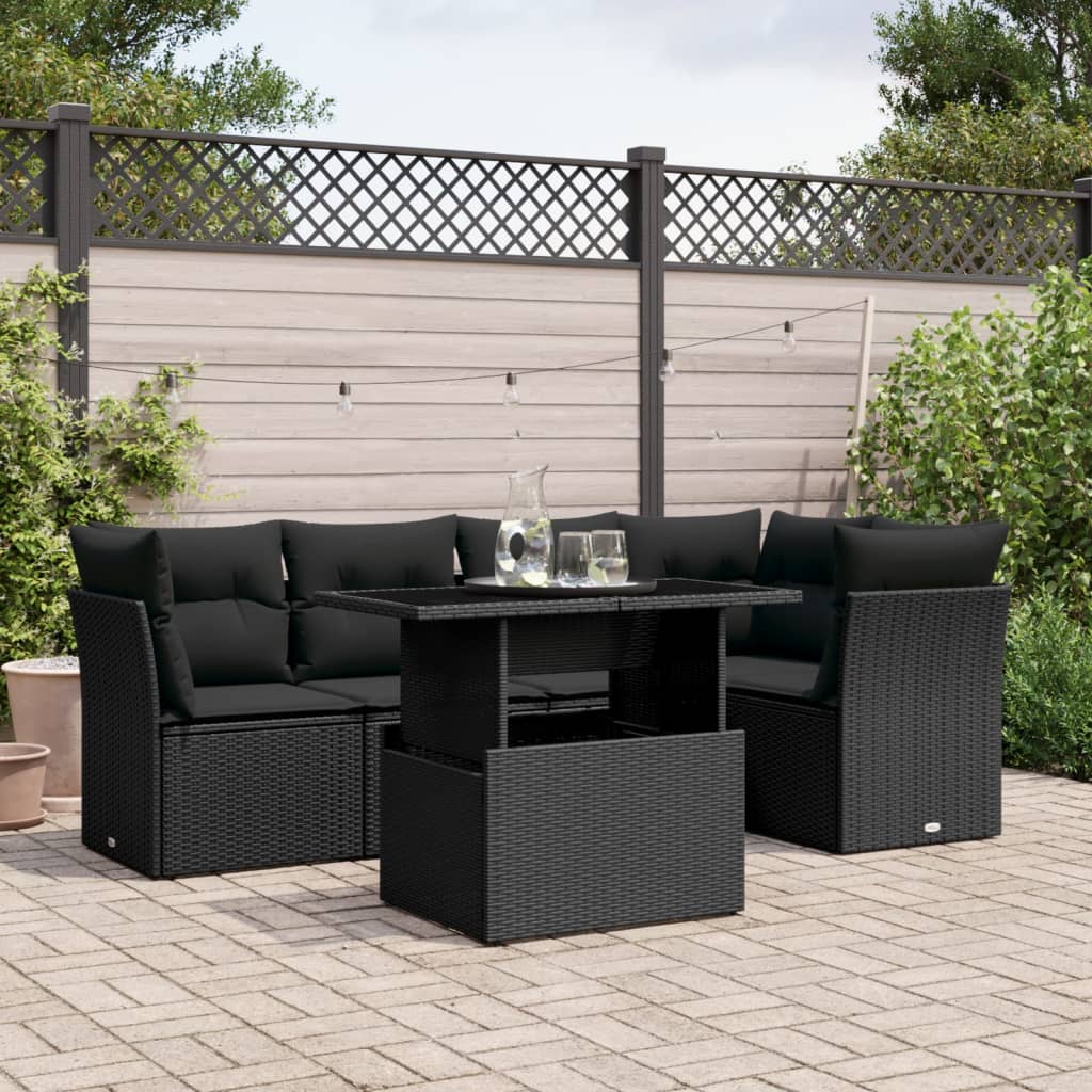 6-delige Loungeset met kussens poly rattan zwart