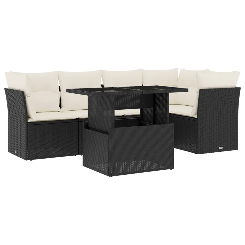 6-delige Loungeset met kussens poly rattan zwart