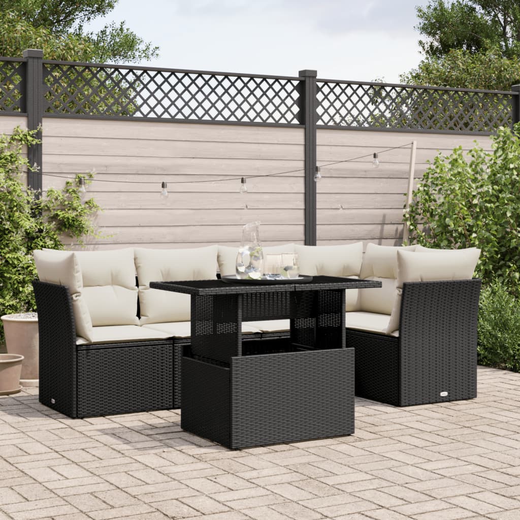 6-delige Loungeset met kussens poly rattan zwart