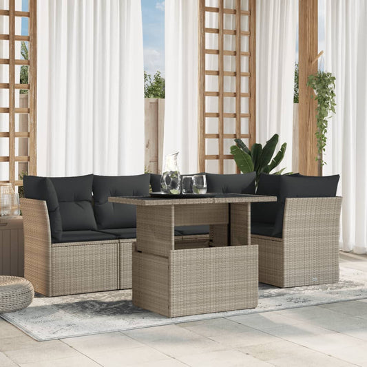 6-delige Loungeset met kussens poly rattan lichtgrijs