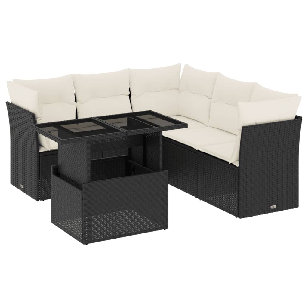 6-delige Loungeset met kussens poly rattan zwart