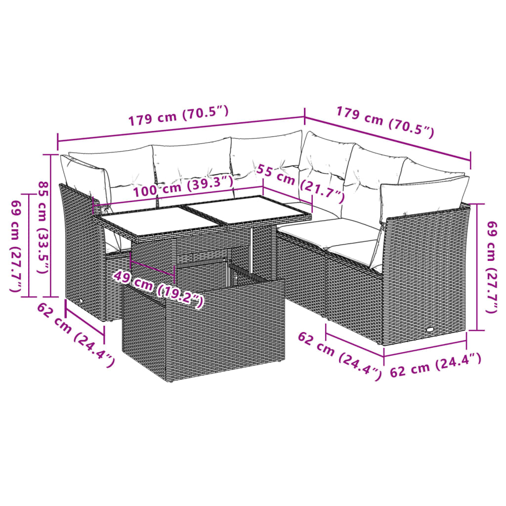 6-delige Loungeset met kussens poly rattan zwart